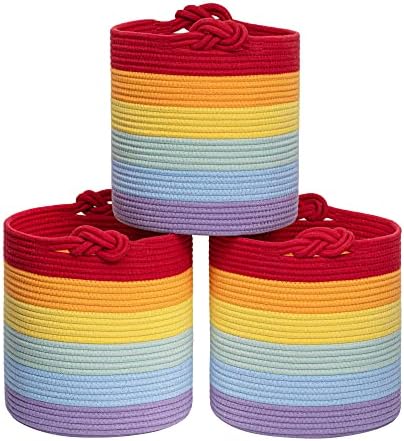 Cestas de corda de arco -íris Goodpick, 11 x 11 caixas de armazenamento de cubos para organizar, cesta de brinquedos para bebês para berçário para sala de jogos, sala de aula, cesta de armazenamento redonda 3 pacotes