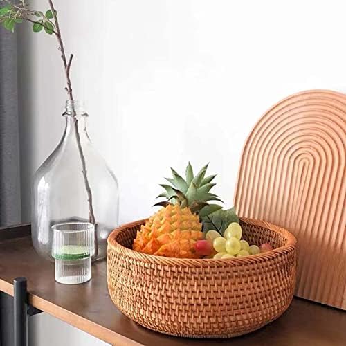 Junnfun Round Rattan Bread Basket - cesta de pão de vime natural, tigelas de cesta de frutas redondas, cesta de pão de