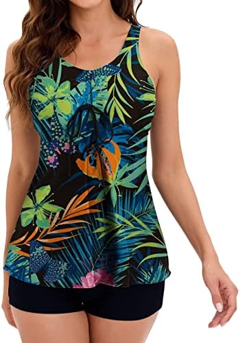 Conjunto de tanques modestos para mulheres, retro tropical boho impressão havaí floral praia de praia biquíni tops + shorts