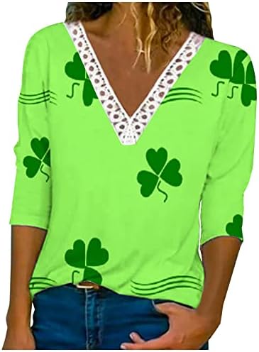 Camisa do dia de St. Patricks Lace feminina de caça longa de decote em V