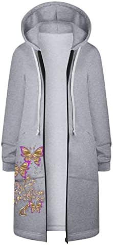 Casaco comprido de comprimento médio feminino, impressão floral de manga longa com zíper casual casaco com capuz casaco de jeito quente e casual casual de tamanho