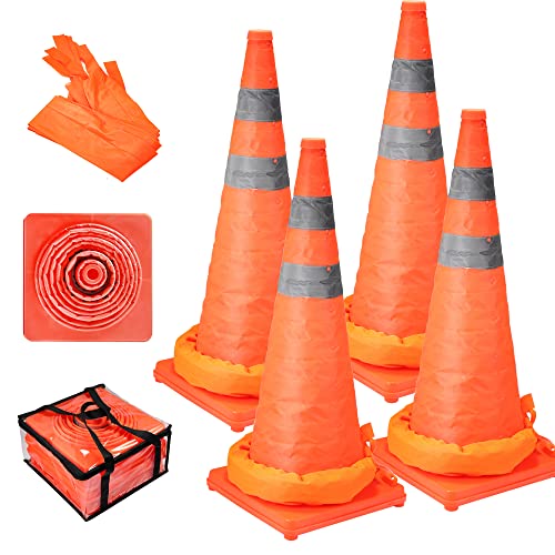 Cones de tráfego dobrável de 28 polegadas, cones para estacionamento com 4 sacolas ponderadas em cone de estrada, conduzindo cones de segurança de construção com bolsa de armazenamento para emergência, estacionamento, segurança rodoviária