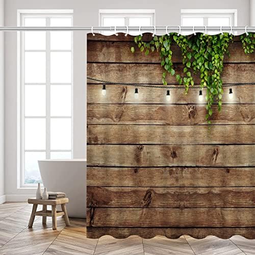 Cortinas de chuveiro de madeira de madeira rústica Lâmpadas de guirlanda folhas verdes em madeira de madeira vintage temas