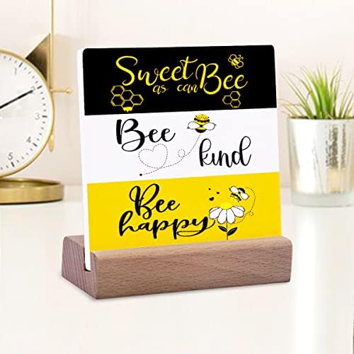 Bee Kind Bee Happy Bee com tema de mesa de cerâmica decorativa Placa de cerâmica com suporte de madeira decoração motivacional da mesa para o escritório em casa Presentes de colegas de trabalho para colegas de trabalho para colegas de colegas