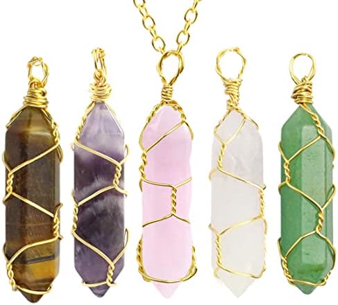 Colar de cristal de 5pcs para mulheres, jóias de pedras de pendente de cristal de cura de energia, adivinhação pingente hexagonal