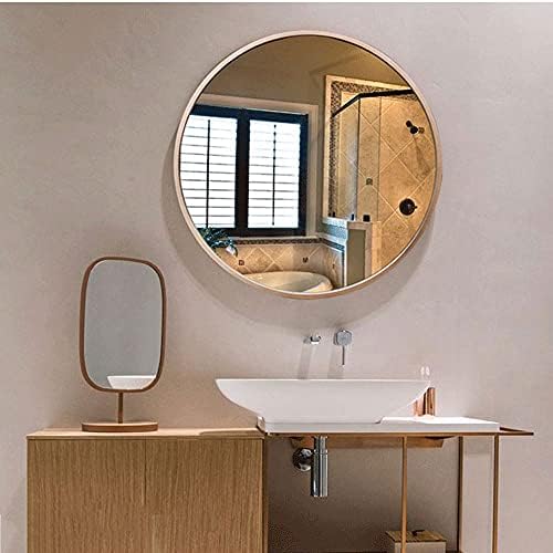 FXLYMR Desktop Makeup espelho de beleza espelho de círculo de madeira, espelho de banheiro de moldura de metal, espelho redondo
