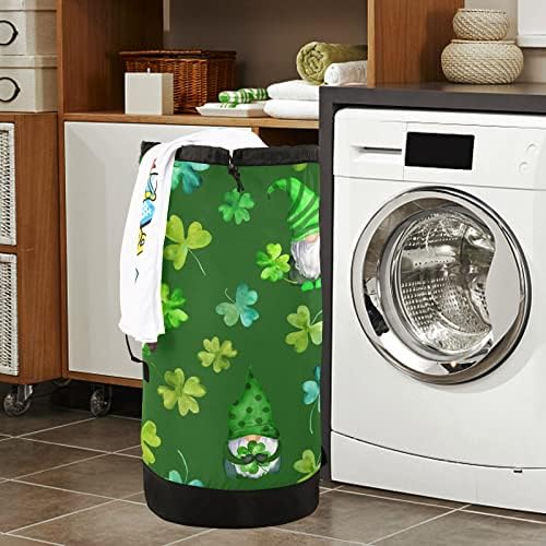 St Patrick Day Gnomos Four Clover Laundry Bag com alças de ombro de lavanderia Backpack Bolsa Bolsa de tração de tração de