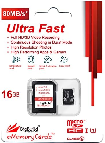 EmemoryCards 16 GB Ultra Fast 80MB/S MicroSDHC Cartão de memória para Oppo A5 2020, A52, A72, A8, A9 2020, K5, R9S