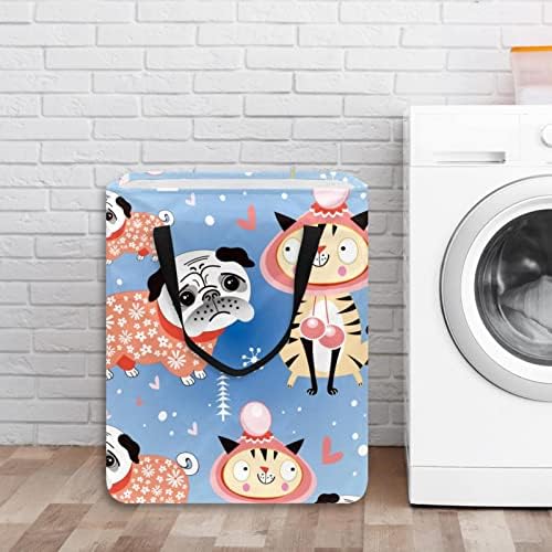 Cartoon fofo animal Pog pug com gatos cesto de roupa prenda de lavanderia, cestas de roupa de lavanderia à prova d'água 60l