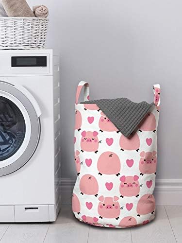 Bolsa de lavanderia de desenho animado de Ambesonne, padrão de temas de animais de porcos infantis ao longo de formas de