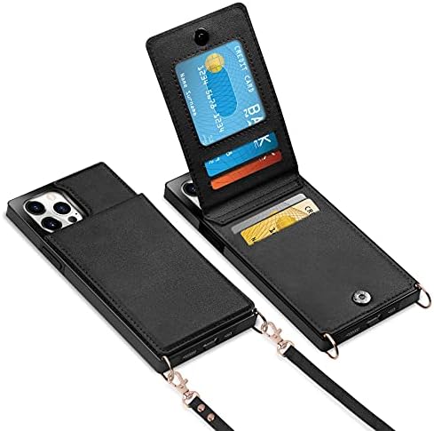Vofolen para iPhone 13 Pro Casal de carteira com lanfilos crossbody strap titular de cartão de crédito Coloque magnético Clasp Kickstand Tampa de proteção quadrada de proteção pesada para iPhone 13 Pro 6,1 polegadas preto