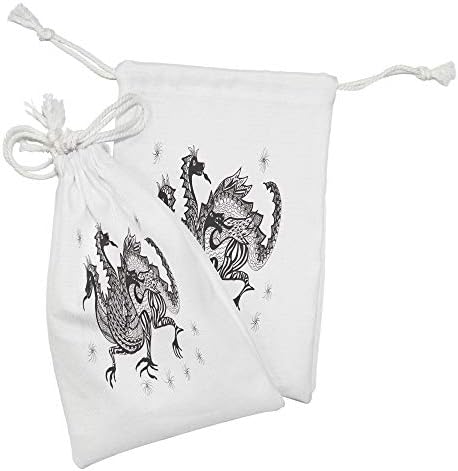 Conjunto de bolsas de tecido de dragão de Ambesonne de 2, design de estilo monocromático de um personagem mundial de fantasia com 3 cabeças, pequenas bolsas de cordão para máscaras e favores de produtos higiênicos, 9 x 6, a carvão branco cinza