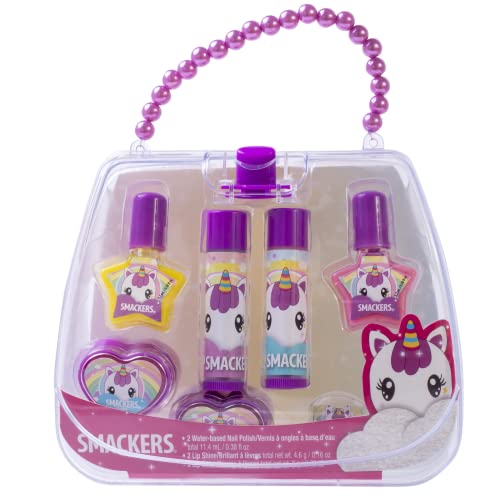 Lip Smacker Unicorn esmalte e saco de maquiagem com sabor labial para meninas | Tote | Bolsa | Coleção de maquiagem de Natal | Férias presentes | Presente para crianças conjunto de 7