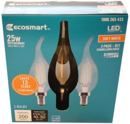 EcoSmart de 25 watts equivalente B11 Dimmível Dica dobrada Tip Filamento de vidro transparente LED Vintage Edison
