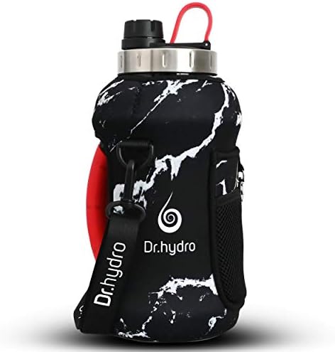 Dr. Hydro Half Gallon Water Bottle com manga de armazenamento e alça de silício -BPA Garrafa de água de 1/2 galão com palha para esportes, garrafa de água grande perfeita para motivação de ginástica -mármore preto vermelho