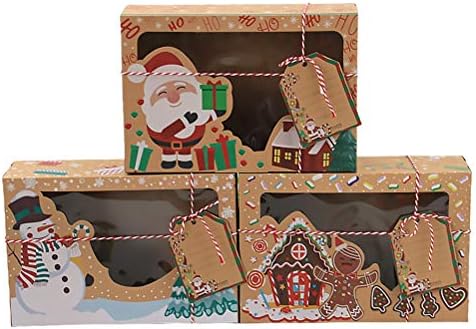 3pcs Kraft Paper Boxes Caixas de Candros de Christmas PVC Window Biscuit Boxes Decoração para Festa de Celebração