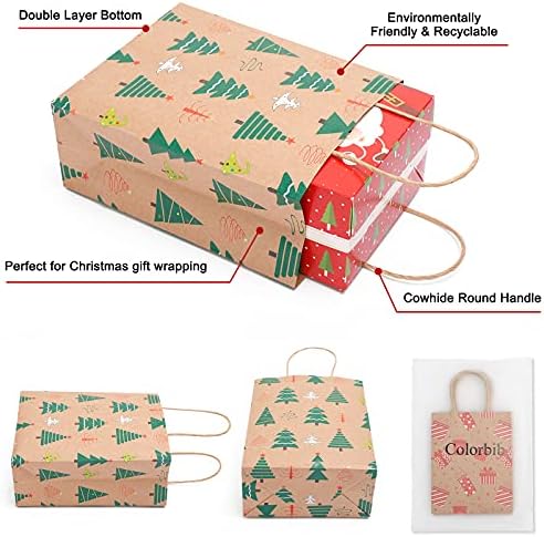 Colorbib 38pcs Christmas Kraft Gift Sachs com alças, sacos de papel de brinde de natal estilo 10 estilo com doces doces de papel de