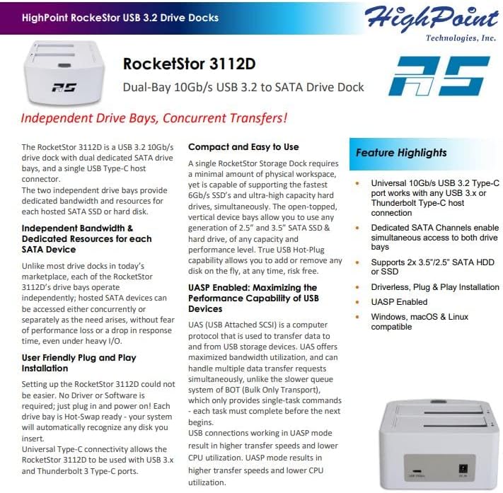 HighPoint Technologies HighPoint RocketStor 3112D Dual-Bay 10GB/S USB 3.2 para SATA Drive Dock