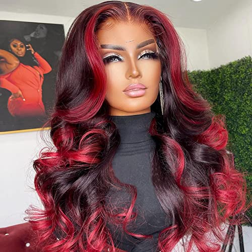 Estilista vermelho e preto Destaque onda corporal 13x4 Lace Frente Human Human Wigs 150% Densidade perucas de glúteis super