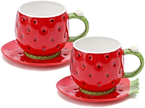 Noviko Strawberry Tea Cup e Coffee Caneca de Caneca de Caneca de Caneca de Caneca de Cerâmica Compatempo - 8 onças, Conjunto de 2