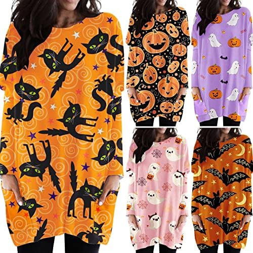 Camisolas longas da Zefotim para mulheres, senhoras Casual Casual 2022 Halloween camisa de manga comprida Blusa de primeira