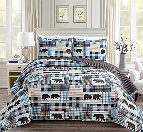 Rússico Modern Farmhouse Cabin Lodge Stripe Sictted Rispad Campetlet Bedding Set com retalhos de ursos pardos e búfalo xadrez xadrez houndstooth padrões bege azul