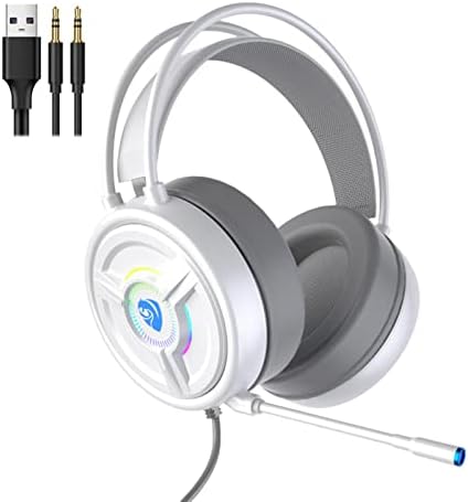 Ｋｌｋｃｍｓ fone de jogo de jogos de 3,5 mm com som surround estéreo, fones de ouvido de jogos PSH com microfone de cancelamento de ruído para laptop para PC, branco