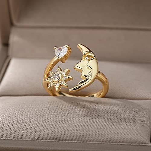 T3Store Vintage Zircon Star Moon Face Rings For Women Gold Crystal Heart Finger Ring Jewelry Acessórios - 5 - RESIZABLE -36333