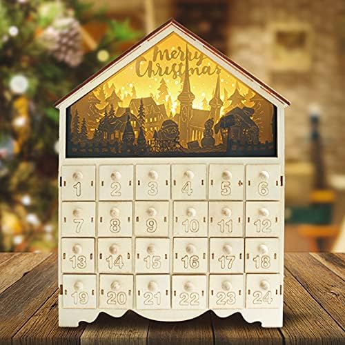QSUM Christmas Advent Wooden Calendário 2023, contagem regressiva para o Natal, lâmpada de escultura de papel com 24 gavetas para DIY,