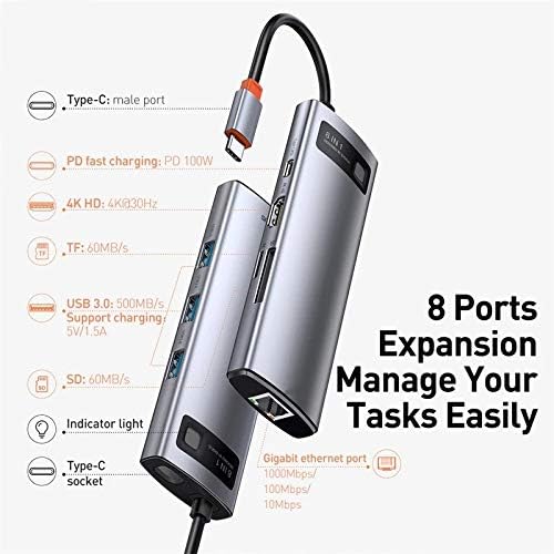 Hgvvnm 8 em 1 tipo C Hub USB C Hub SD Reader PD Charger 100W USB 3.0 Splitter da estação de hub de hub