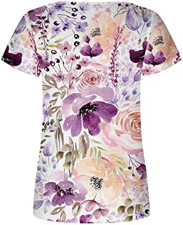 Mulheres túnicas de túnica de manga curta, feminino de camiseta casual esconde camisas da barriga blusa elástica elegante pescoço floral camiseta floral camiseta