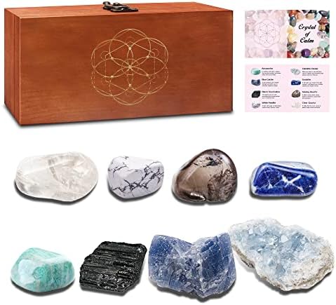 Cristais consine e Kit premium de pedras de cura na caixa de madeira - 8 Chakra Stones Cristais de cura definidos para acessórios de meditação calmo e real