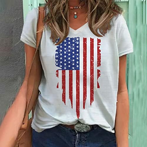 Senhoras Deep V Neck Cotton Cotton American Star Star Graphic Lounge Top camiseta camisa de manga curta para meninas adolescentes