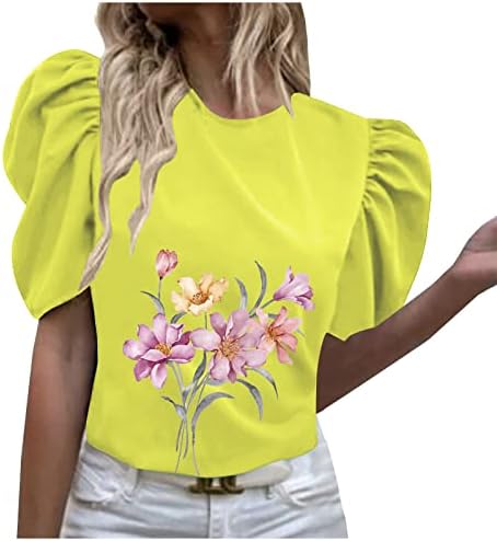 lcepcy feminino floral tampo de primavera casual pescoço de puff t-shirt de manga curta 2023 Escritório de trabalho da moda camisetas