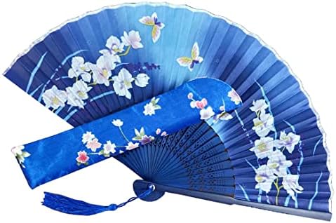ATongham encantando os ventiladores dobráveis ​​azuis fãs de mão chineses de bambu floral fã com borla para decoração de palco