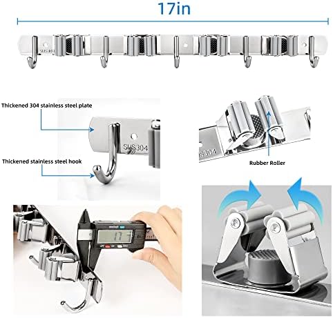 Montagem da parede do portador de esfregona e vassoura, penduramento de vassoura e organizador de esfregona, cabide de vassoura de aço inoxidável, suporte de esfregão pesado para casa, cozinha, lavanderia, garagem