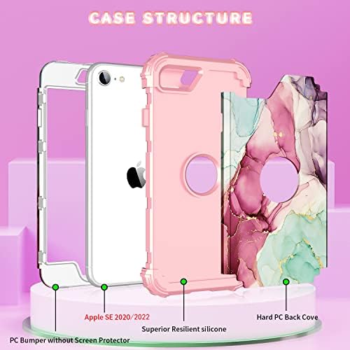BQQFG para iPhone SE 2022/2020 Caixa, Design de mármore Design de três camadas Híbrido pesado à prova de choque híbrido Híbrido de plástico duro Caso de cobertura de borracha de borracha de borracha de borracha para iPhone SE 2022/2020 4.7 , rosada rosa