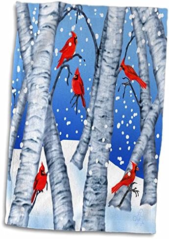 3d rose digital arte cardeal pássaros sentados em árvores de bétula na toalha de mão de neve de inverno, 15 x 22, multicolor