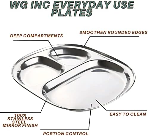Placas de compartimento de aço inoxidável WG Inc - 3 placas de jantar de seção de café da manhã thali lanche, bandeja de bagunça para