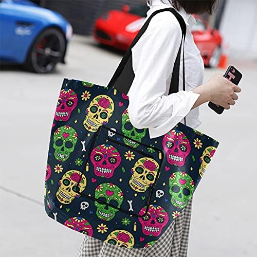 Happy Halloween Skull Pumpkins Flower Watercolor Bag dobrável Bag reutilizável bolsa de mercearia pesada bolsa bolsa de compras