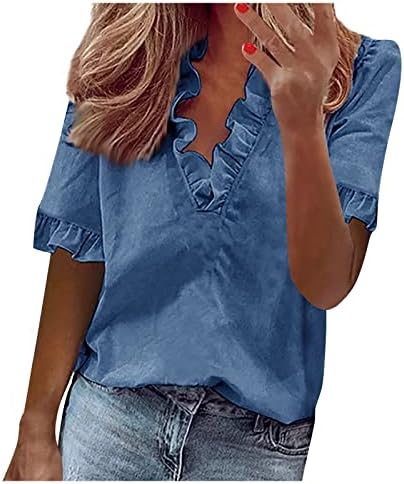 BDPORKAS feminino 2023 Tops causais de verão Ruffle v camiseta de pescoço camisetas de manga curta sólidas de ajuste solto blusas plus size s-5xl