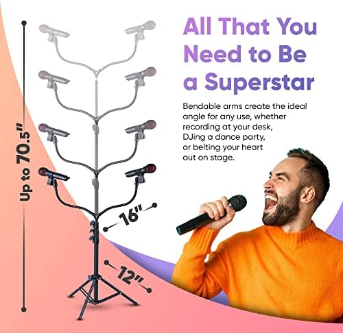 Suporte de microfone duplo massingo - ajustável de 2,4 a 6 pés de altura - com dois braços dobráveis ​​e suporte de dispositivo inteligente - base de tripé de stand up, modelo 2023