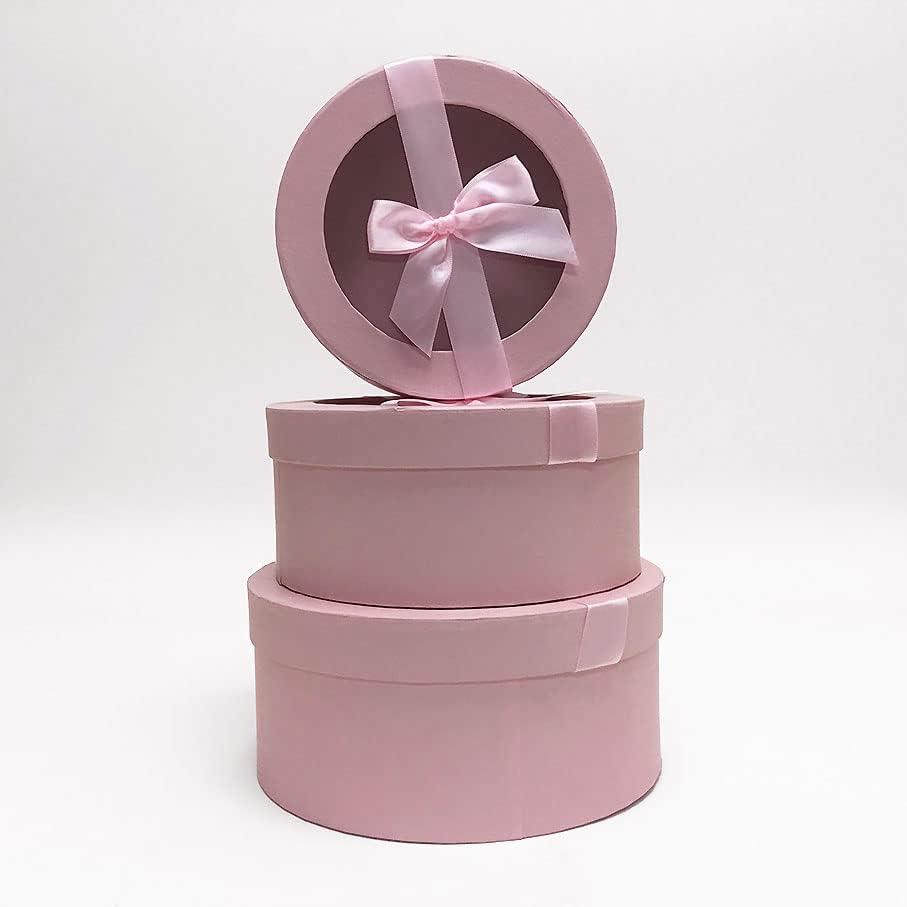 Caixa de presente de cilindro redondo rosa Craft Craft Pink com tampa transparente e tira de fita rosa de seda