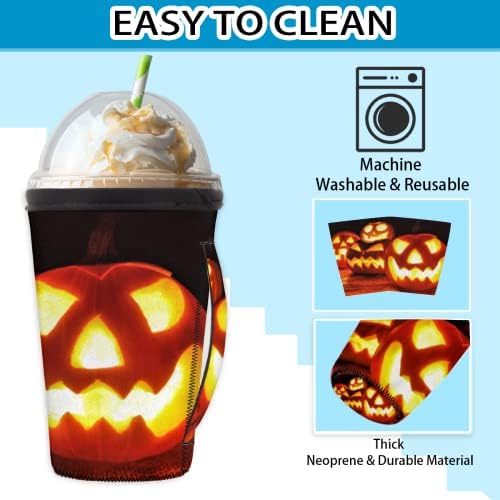 Halloween Pumpkin Lantern 68 Manga de café gelada reutilizável com manga de neoprene de alça para refrigerante, café com leite,