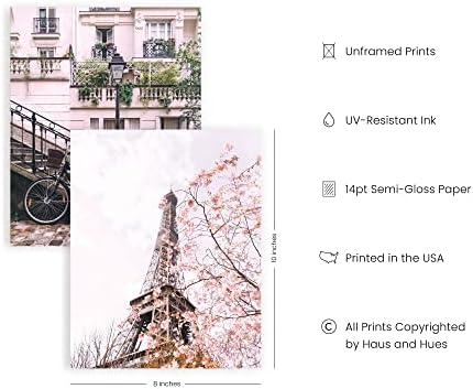 Haus e tons de decoração de parede rosa de Paris Conjunto de 4 arte de parede de Paris e decoração de quarto com tema de Paris | Decoração de Paris para quarto, pôster de Paris, decoração de sala formal, decoração de banheiro de Paris