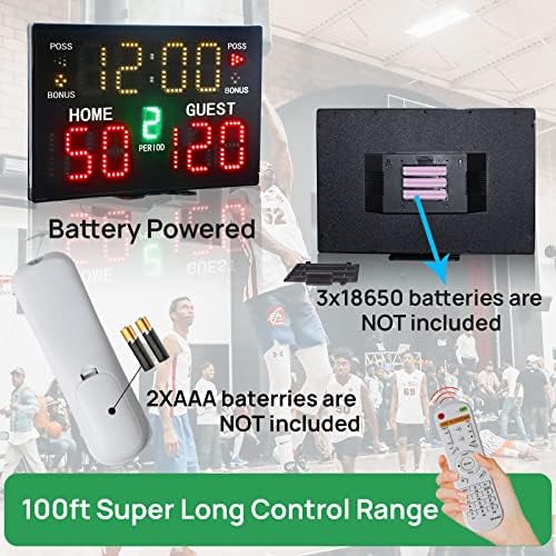 YZ Battery Poused Electronic Basketball placar com campainha, placar digital de mesa portátil com um detentor de placar de relógio profissional e remoto e montado na parede para o Multisports Indoor Outdoor