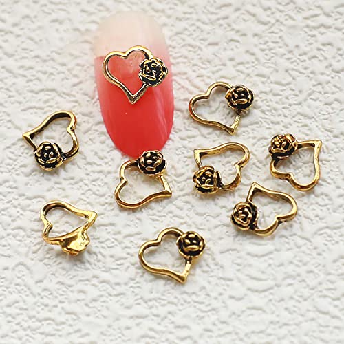 Wokoto 100pcs Old Gold Heart Charms para Nails Heart Rose Designs Retro Nail Jewerys for Women Nails 3d Coração de cabeça encharms para acrílico Nails Carms de unhas de coração para unhas Art 3d corações para unhas