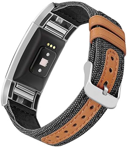 Jobese Compatível com Fitbit Charge 2 Bands, tecido clássico de tela com pulseiras de substituição de couro genuínas