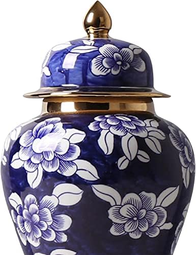 Jarra de gengibre de cerâmica de depila com tampa, jarro de templo chinês, vaso decorativo azul e branco para decoração
