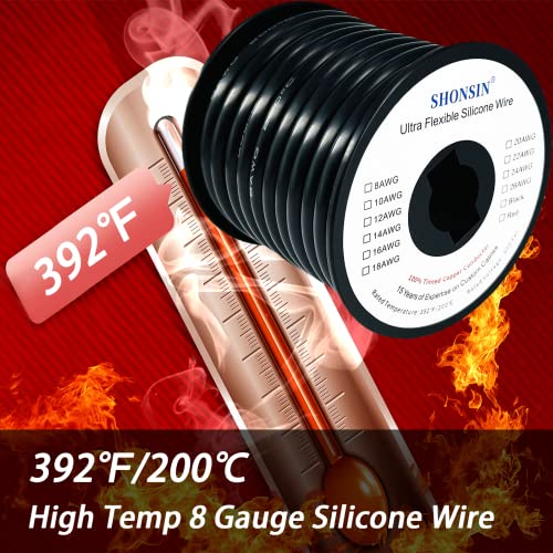 Shonsin 8 bitola Silicone Wire Spool 25 pés preto, extremamente flexível 8 AWG Fio Automotivo, 1650 fios 0,08 mm de tonalidade em